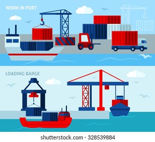  Flat color seaport   horizontal banners  illustrating work in port vector illustration
