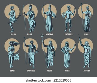 Flat color set of ancient greek olympian gods and goddesses with pluto phobeus ceres minerva venus diana jupiter bacchus juno and mars isolated vector illustration