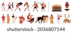 Flat color set with ancient roman people gladiators colosseum tiger laurel wreath amphora isolated on white background vector illustration