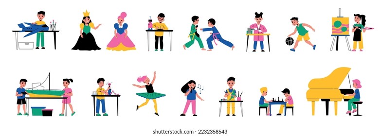 Flat color set of children doing various hobbies painting playing piano chess singing robotics drama isolated vector illustration