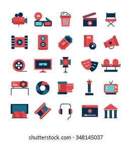 Flat color set of movie icons and cinema symbols with camcorder TV screen 3D glasses and filming attributes isolated vector illustration 