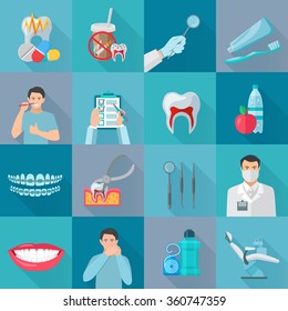 Flat color shadow dental icons set with instruments for teeth treatment and hygiene products isolated vector illustration