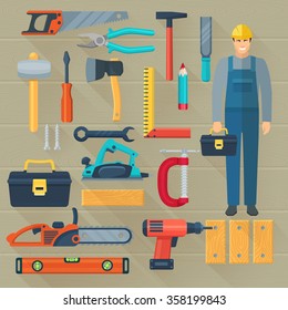 Flat color shadow icons set with  carpentry tools kit for woodwork isolated vector illustration