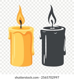 Flat Color and Silhouette Monochrome Candle Icon Set. Burning Candle Fire Icons. Christmas Holiday Decoration. Candle Animation Design Elements, Isolated