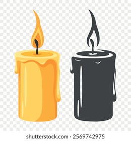 Flat Color and Silhouette Monochrome Candle Icon Set. Burning Candle Fire Icons. Christmas Holiday Decoration. Candle Animation Design Elements, Isolated