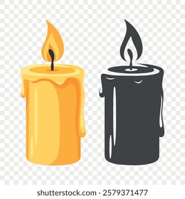 Flat Color and Silhouette Monochrome Candle Icon Set. Burning Candle Fire Icons. Christmas Holiday Decoration. Candle Animation Design Elements, Isolated