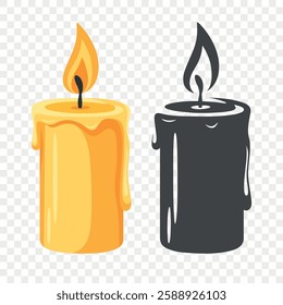 Flat Color and Silhouette Monochrome Candle Icon Set. Burning Candle Fire Icons. Christmas Holiday Decoration. Candle Animation Design Elements, Isolated