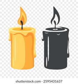 Flat Color and Silhouette Monochrome Candle Icon Set. Burning Candle Fire Icons. Christmas Holiday Decoration. Candle Animation Design Elements, Isolated