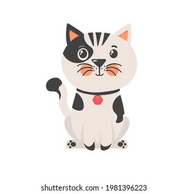 Flat color simple style design. Different amusing pets isolated on white background. Cute kittens playing, stretching and sleeping. Cartoon cat characters collection. Vector illustration, eps 10.