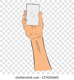 flat color sketch hand holding blank card at transparent effect background