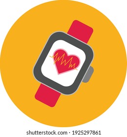 Flat color smart watch heart monitor icon on yellow background. Fully editable. Royalty free.	