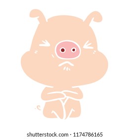 flat color style cartoon angry pig sat waiting