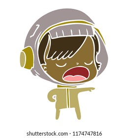 flat color style cartoon astronaut woman explaining