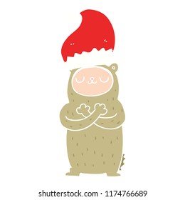 flat color style cartoon bear wearing christmas hat