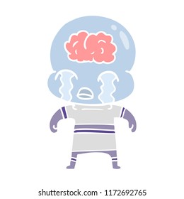 flat color style cartoon big brain alien crying