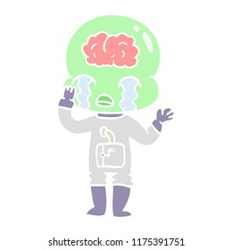 flat color style cartoon big brain alien crying