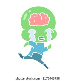 flat color style cartoon big brain alien crying