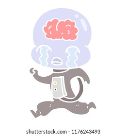flat color style cartoon big brain alien crying running