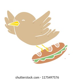 flat color style cartoon bird stealing sandwich
