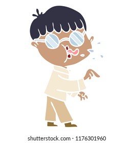flat color style cartoon boy wearing spectacles and making point