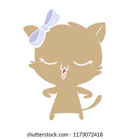 flat color style cartoon cat with bow on head