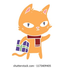 flat color style cartoon cat with gift