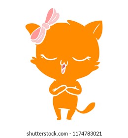 flat color style cartoon cat with bow on head