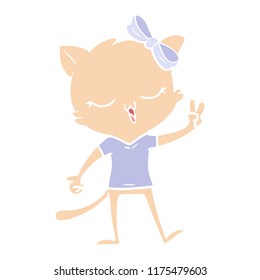 flat color style cartoon cat with bow on head giving peace sign