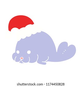 flat color style cartoon christmas walrus