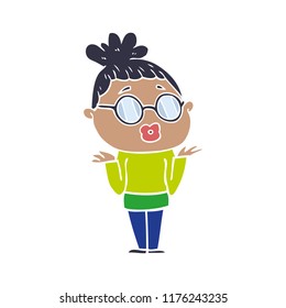 flat color style cartoon confused woman wearing spectacles
