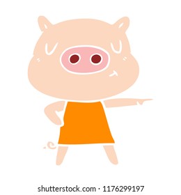 flat color style cartoon content pig in dress pointing