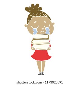 flat color style cartoon crying woman with stack of books