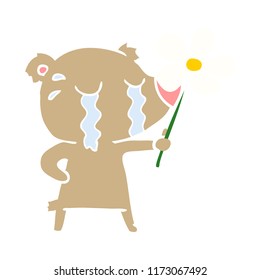 flat color style cartoon crying bear with flower