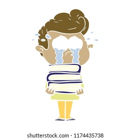 flat color style cartoon crying student with stack of books
