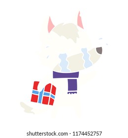 flat color style cartoon crying wolf with christmas present
