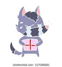 caricatura de estilo de color llorando lobo con regalo de navidad