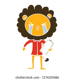flat color style cartoon crying lion with clipboard