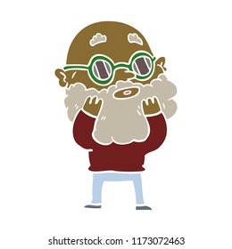 flat color style cartoon curious man with beard and sunglasses