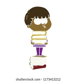 flat color style cartoon curious boy with lots of books