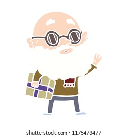flat color style cartoon curious man with beard sunglasses and present