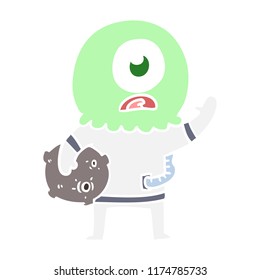 flat color style cartoon cyclops alien spaceman waving