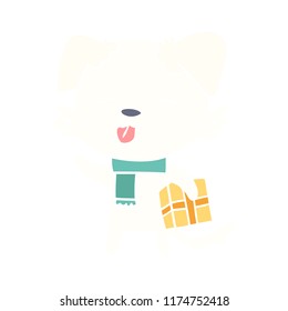 flat color style cartoon dog with xmas gift