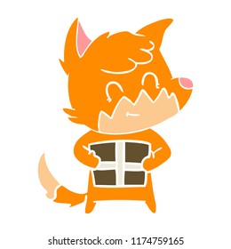 flat color style cartoon friendly fox with gift