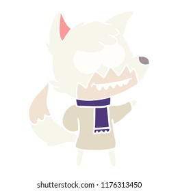 flat color style cartoon grinning fox in winter clothes