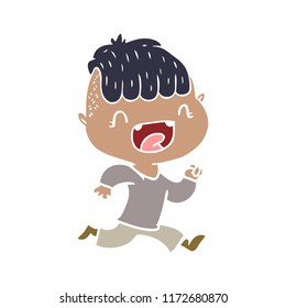 flat color style cartoon happy boy laughing and running away