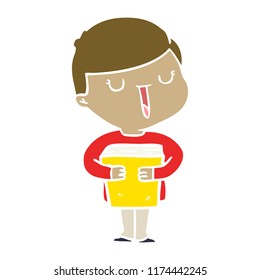 flat color style cartoon happy boy talking about his book