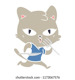 flat color style cartoon hungry cat