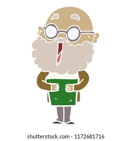 flat color style cartoon joyful man with beard and book