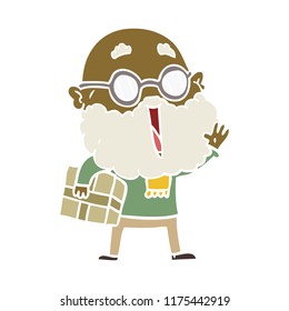 flat color style cartoon joyful man with beard and parcel under arm