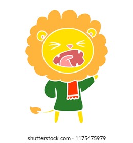 flat color style cartoon lion in winter clothes